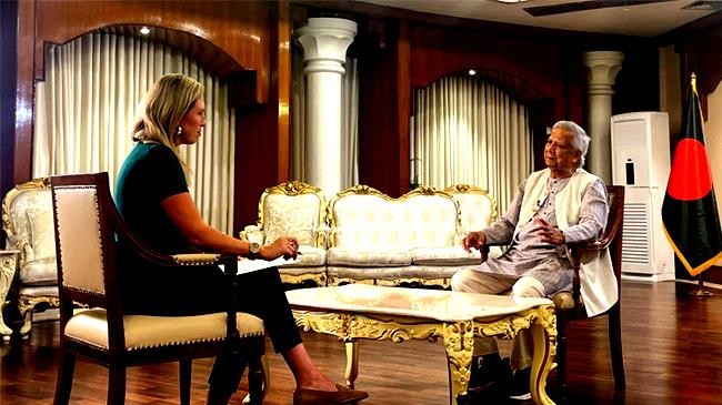 chief adviser professor muhammad yunus gives an interview to sky news asia correspondent cordelia lynch