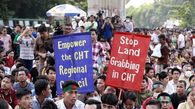 demonstration under the banner of angry jumma chhatra janata at shahbagh in the capital