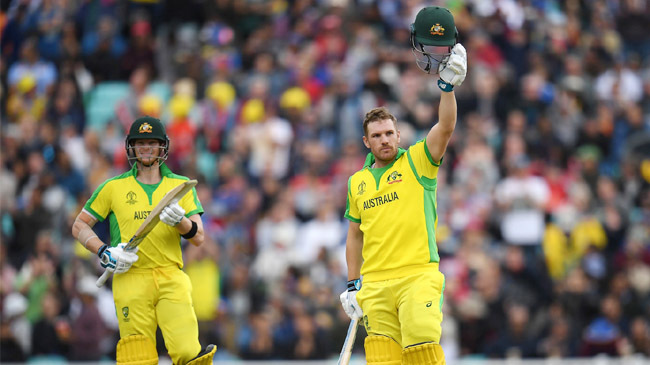 aaron finch celebrates his century world cup