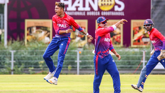 sandeep lamichhane celebrates after bowling