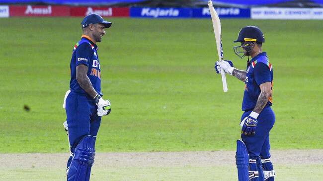 shikhar dhawan sports a smile as ishan kishan celebrates his half century india vs sri lanka 1st odi colombo july 18 2021