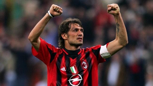 paolo maldini celebrates a goal for ac milan