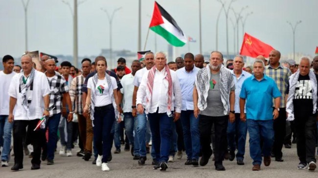 cuban president diaz canel leads pro palestinian march in havana