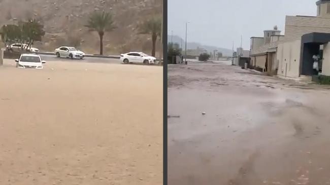 heavy rain in saudi has submerged roads