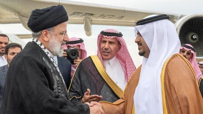 saudi arabias prince mohammed bin abdulrahman bin abdulaziz and the iranian president ebrahim raisi