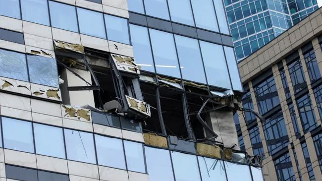 the damaged facade of an office building in moscow