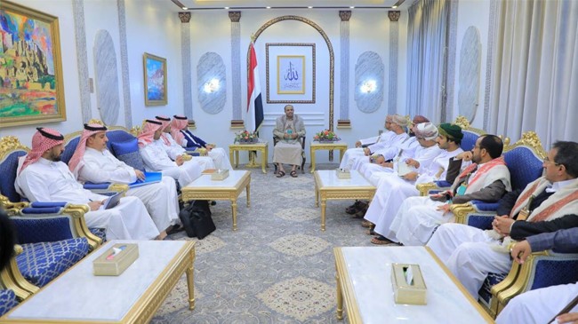 the head of the houthi supreme political council mahdi al mashat meets with saudi and omani delegations at the republican palace in sanaa