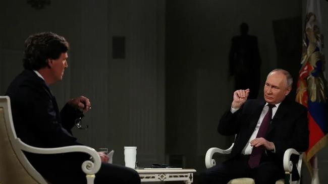 vladimir putin speaks during an interview with us television host tucker carlson in moscow